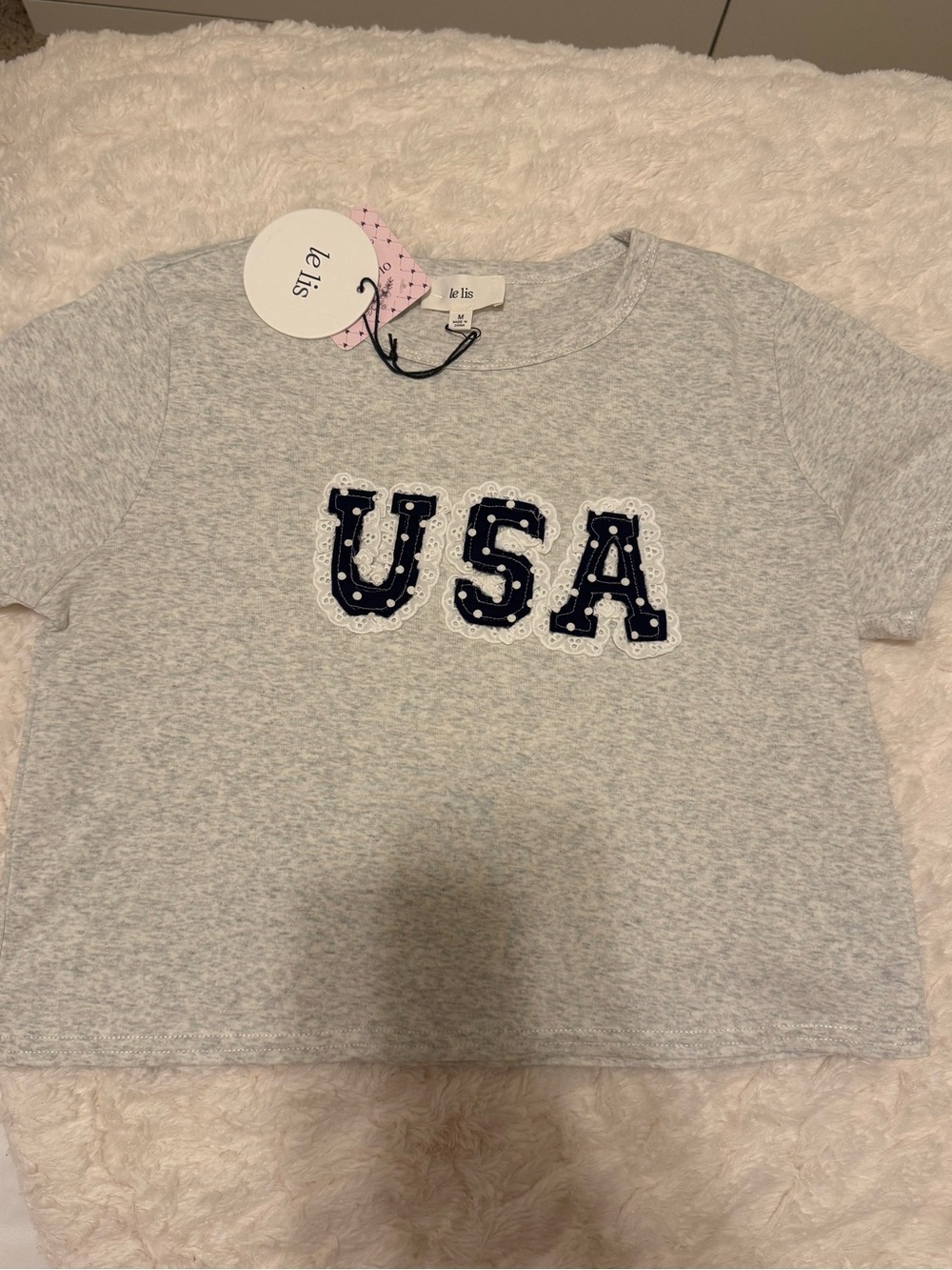 Le Lis Light Gray Short Sleeve Tee with Navy USA Appliqué